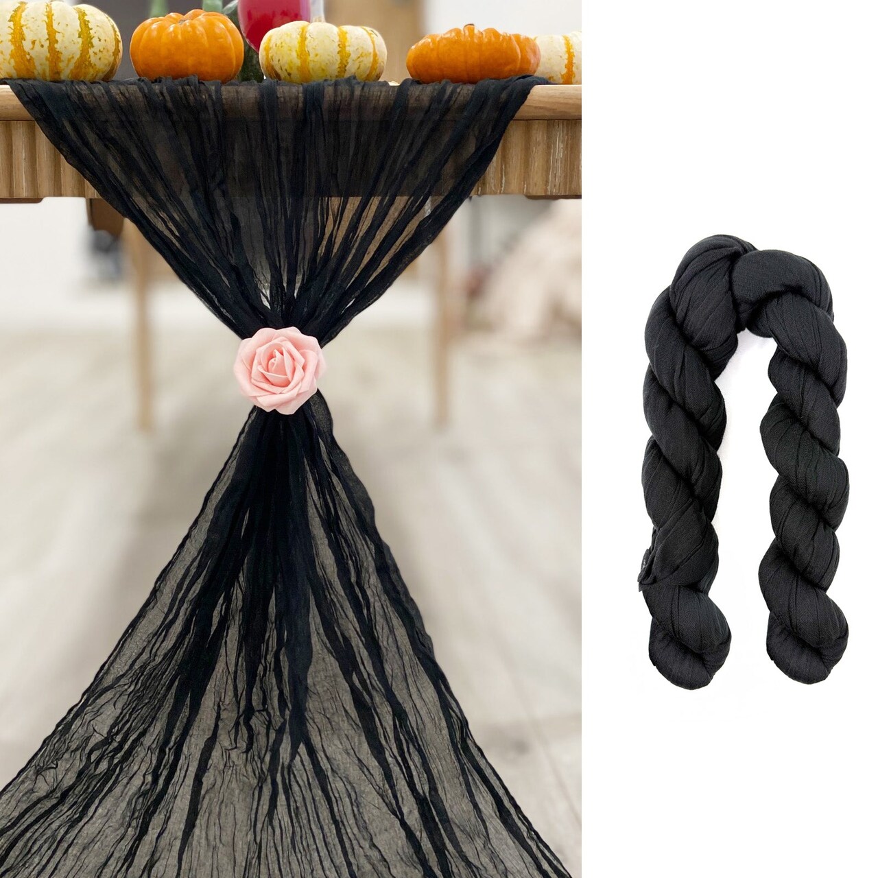 Wrapables 10Ft Bohemian Cheesecloth Gauze Table Runner for Rustic Weddings, Parties, Home Decor, Black